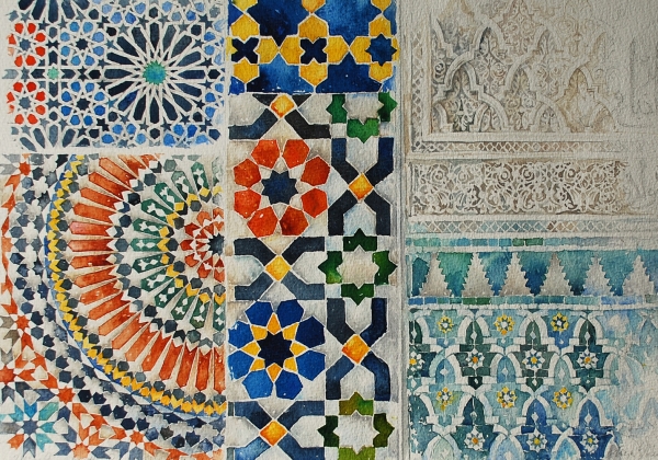 Zellidż, fragmenty marokańskich mozaik oraz gipsowego stiuku - akwarela, ołówek na papierze
