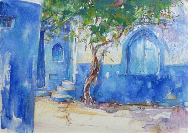 Maroko, Chefchaouen (Szawszawan) - "Błękitne Miasto" - akwarela, pastel na papierze
