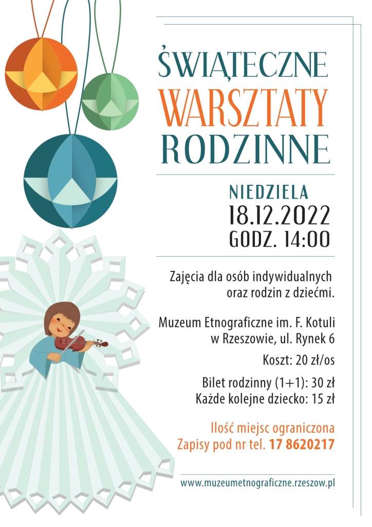 Plakat z informacjami na temat warsztatyów, 18 grudnia 2022 o godz. 14:00. Grafika przedstawiająca aniołka z papieru oraz "światy" ozdoby wykonane z opłatka.