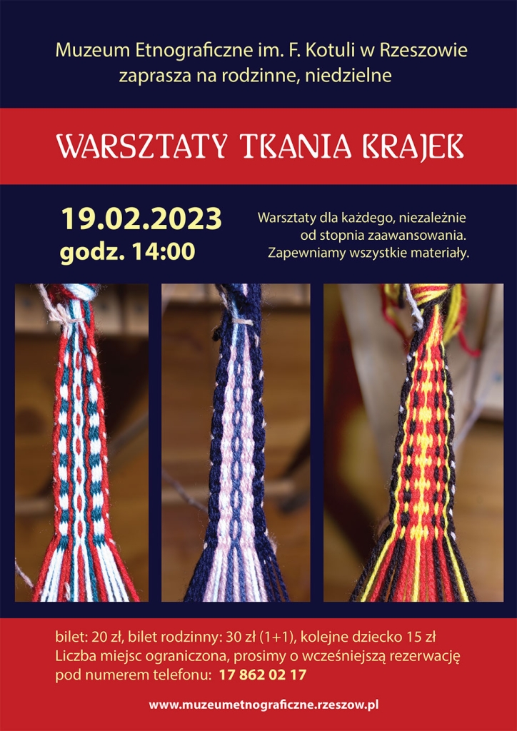 Plakat zachęcający do udziału w warsztatach tkania krajek wdniu 19 lutego 2023 o godz. 14:00.