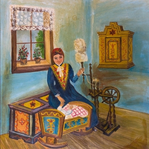 Kobieta przy kołowrotku, Helena Szymula, Zawichost, 1977 rok - obraz